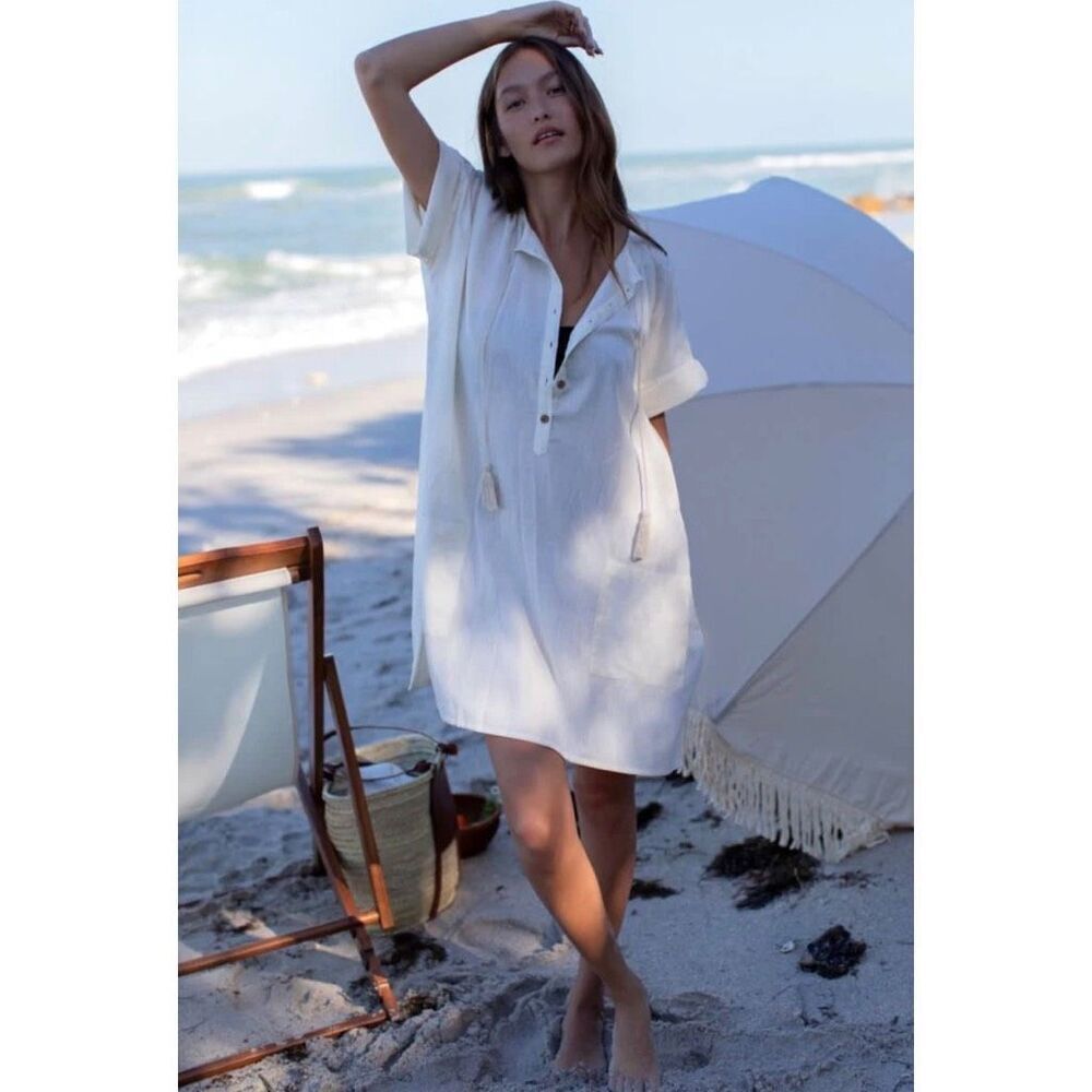 NWT Emerson Fry Baja Caftan Ivory Organic White Tunic Coverup Beach Boho Tassel